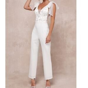 NEW Lulus Dignified Beauty White Mesh Embroidered Tie-Strap Jumpsuit Small